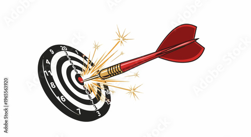 A red dart has hit the bullseye of a dartboard with a burst of sparks