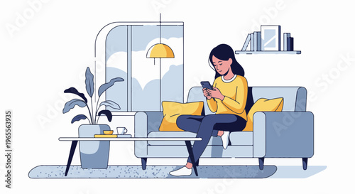 Woman using smartphone while sitting on couch in cozy living room