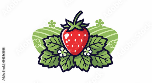 Stylized red strawberry with green leaves and decorative elements