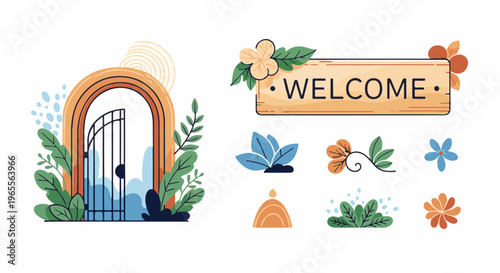 Welcoming garden gate with ornamental plants and a welcome sign
