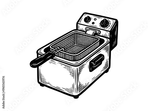 Vintage Deep Fryer Engraving Illustration Black and White Line Art