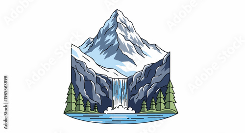 Stylized snow-capped mountain with a waterfall flowing into a lake