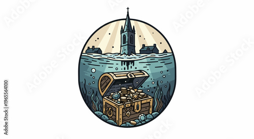 Sunken treasure chest overflowing with coins beneath a flooded church