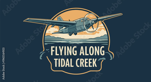 A vintage-style illustration of a twin-engine seaplane flying over a coastal landscape