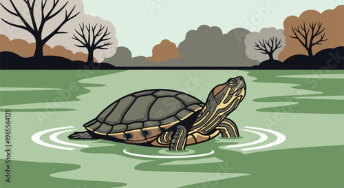 A turtle swims in calm water with trees in the background