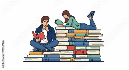 Young people reading books while sitting and lying on stacks of books