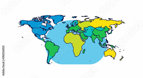 Stylized world map illustration with continents in various colors on a light blue background