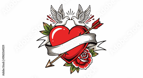 Two white doves kiss above a red heart pierced by an arrow