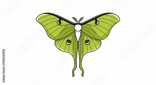 A vibrant green luna moth with detailed wing patterns on a white background