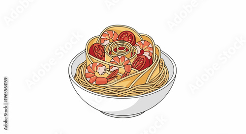 A white bowl filled with pasta, shrimp, and tomato slices arranged in a rose shape