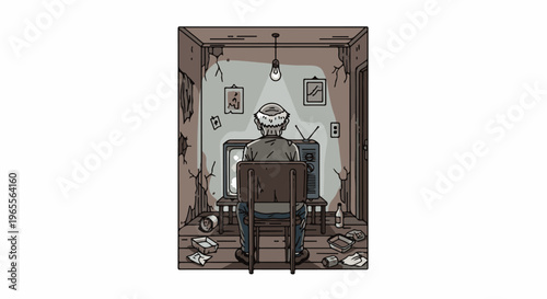 An old man sits in a disheveled room, facing a vintage television