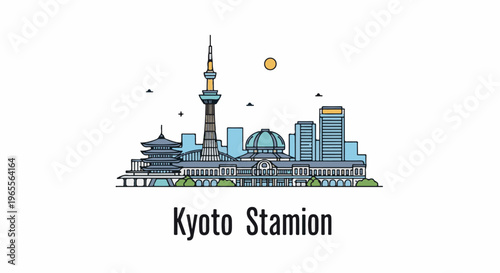Stylized Japanese city skyline with a pagoda, tower, dome, and modern buildings