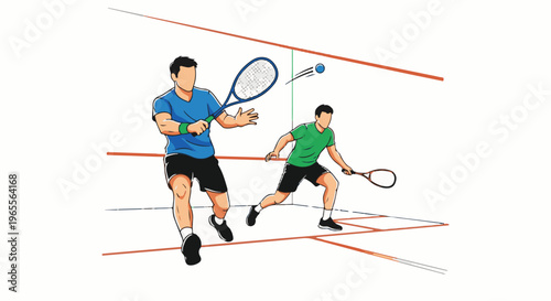 Two men playing a racquet sport indoors on a court