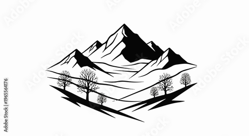 Stylized mountain range with bare trees on sharp, angular foothills