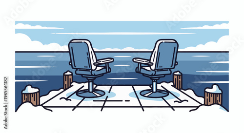 Two chairs sit facing a cold, vast expanse of water