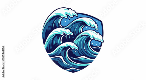 Stylized illustration of turbulent blue ocean waves crashing