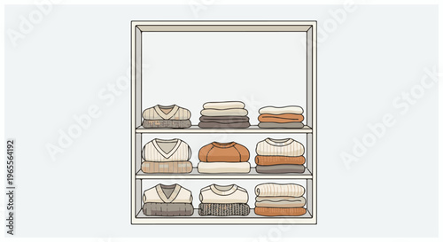 Three-tiered shelving unit neatly organized with stacks of folded sweaters