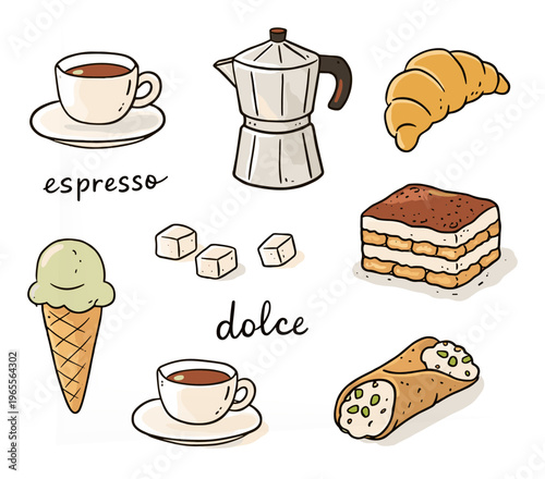 Italian Coffee and Dessert Doodle Set with Espresso, Tiramisu and Pastry Elements