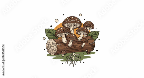 A cluster of brown-capped mushrooms grows from a fallen log