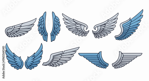 A collection of various stylized wings in shades of blue and gray