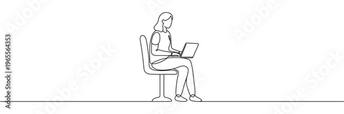 Continuous one line drawing of a woman sitting on a chair working on her laptop computer. Editable stroke outline. Draw thin linear width. Single contour art. Doodle hand drawn vector illustration