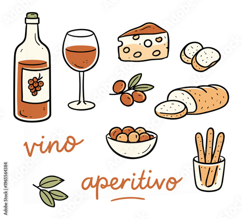 Italian Aperitivo Doodle Set with Wine, Cheese and Snacks, Hand Drawn Elements