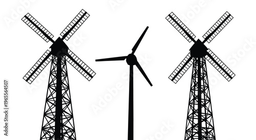Black silhouette vector graphic illustration contrasting historical tower windmills with a modern three-blade wind turbine design