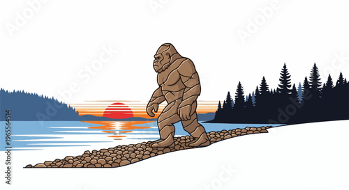 A Bigfoot walks along a pebbled shore towards a sunset over a calm lake
