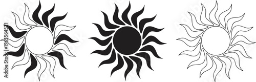 Sun Icon Set with Decorative Sun Shapes in Line and Solid Style Abstract Sun Symbol Vector Illustration Collection
