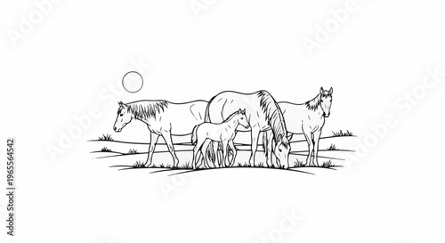 A family of horses graze on a field under a circular sun