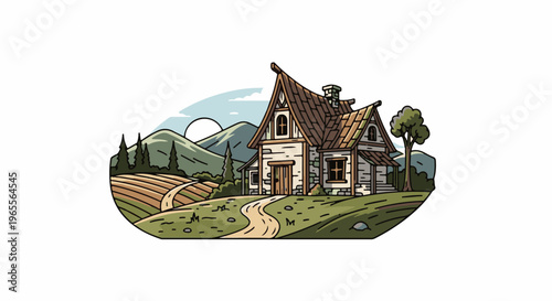 A charming, pixelated illustration of a rustic cottage nestled in rolling hills
