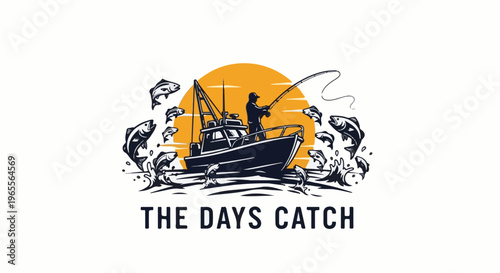 A fisherman on a boat with fish jumping out of the water