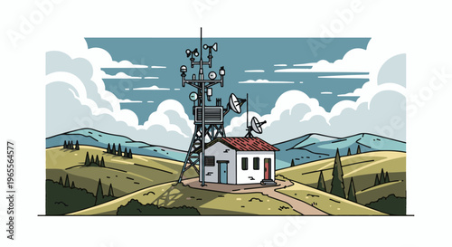 A communication tower stands on a grassy hill with a small building and satellite dishes