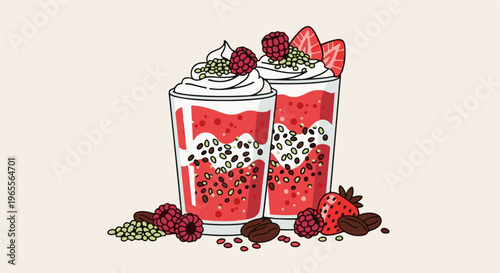 Two refreshing red drinks topped with whipped cream, berries, and seeds