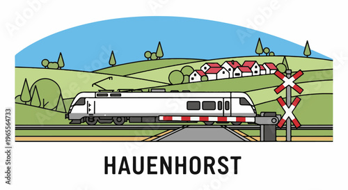 A modern white train passes a rural village and crossing sign