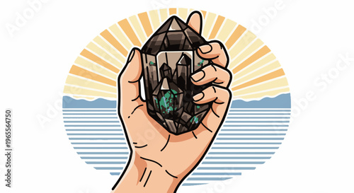 A hand holds a cluster of dark crystals with green inclusions against a stylized sun and water