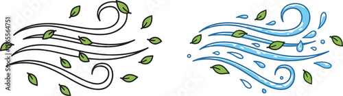 Wind and Water Flow Elements with Leaves and Splash Swirl Nature Air and Liquid Motion Vector Illustration Set