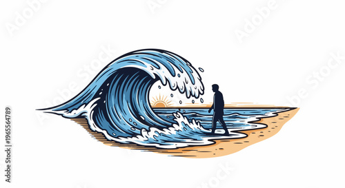 A lone figure walks on a beach as a giant wave looms