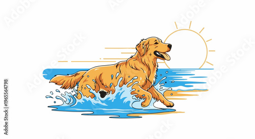 A happy golden retriever splashing through blue water under a sun