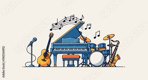 A colorful illustration of a musical ensemble with various instruments
