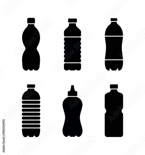 Black bottle icon set in vector style, isolated on white background, representing containers, beverages, and packaging design