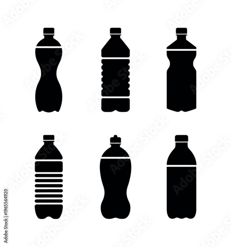 Black bottle icon set in vector style, isolated on white background, representing containers, beverages, and packaging design