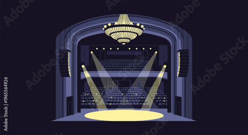 A dimly lit theater with a grand chandelier, empty seats, and bright stage spotlights