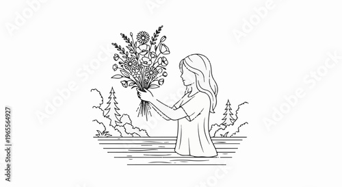 A person holding a bouquet of flowers near a body of water with trees