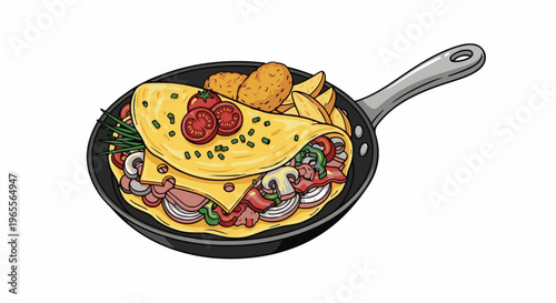 A hearty omelet filled with meats, vegetables, cheese, and sides of hash browns