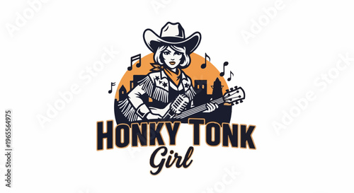 Cartoon cowgirl plays guitar with musical notes and cityscape backdrop