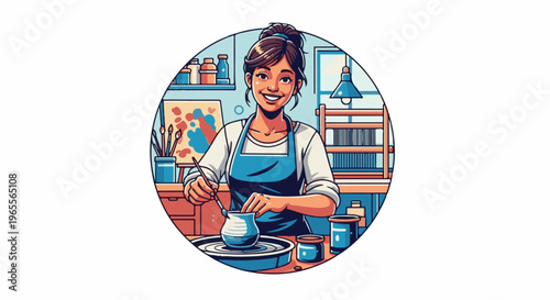 A smiling artist shapes clay on a pottery wheel in a vibrant studio