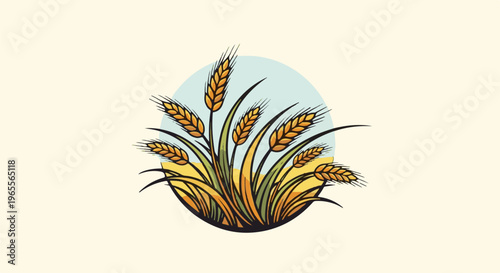 Stylized illustration of golden wheat stalks with green leaves on a pale background