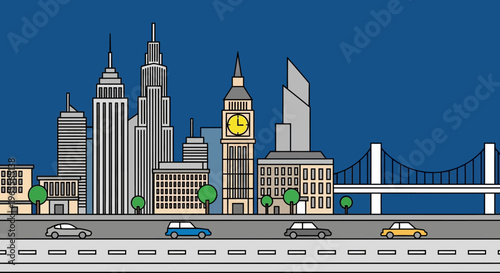 Modern Flat Design Cityscape Illustration Featuring London's Big Ben and Urban Skyline