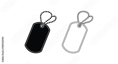 Dog tag icons, military identification tags, black and white vector graphics, chain accessories